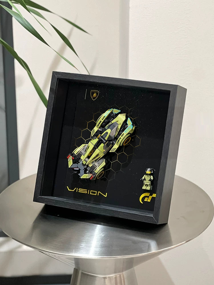 Single-car display frame compatible with LEGO 76923 - Lamborghini Lambo V12 Vision GT. Car and minifigures not included.