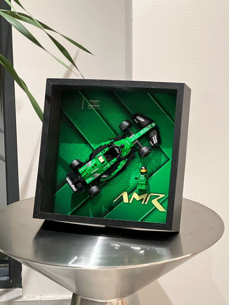 Single-car display frame compatible with LEGO 76925 - Aston Martin AMR23. Car and minifigures not included.