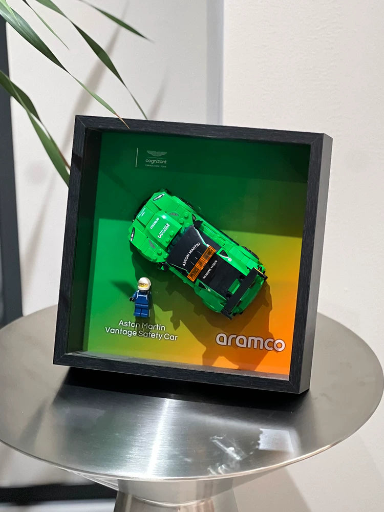 Single-car display frame compatible with LEGO 76925 - Aston Martin Vantage Safety Car. Car and minifigures not included.