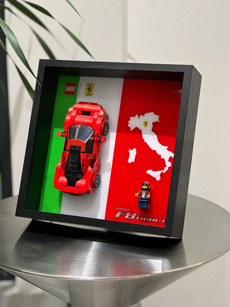 Single-car display frame compatible with LEGO 76895 - Ferrari F8 Tributo. Car and minifigures not included.