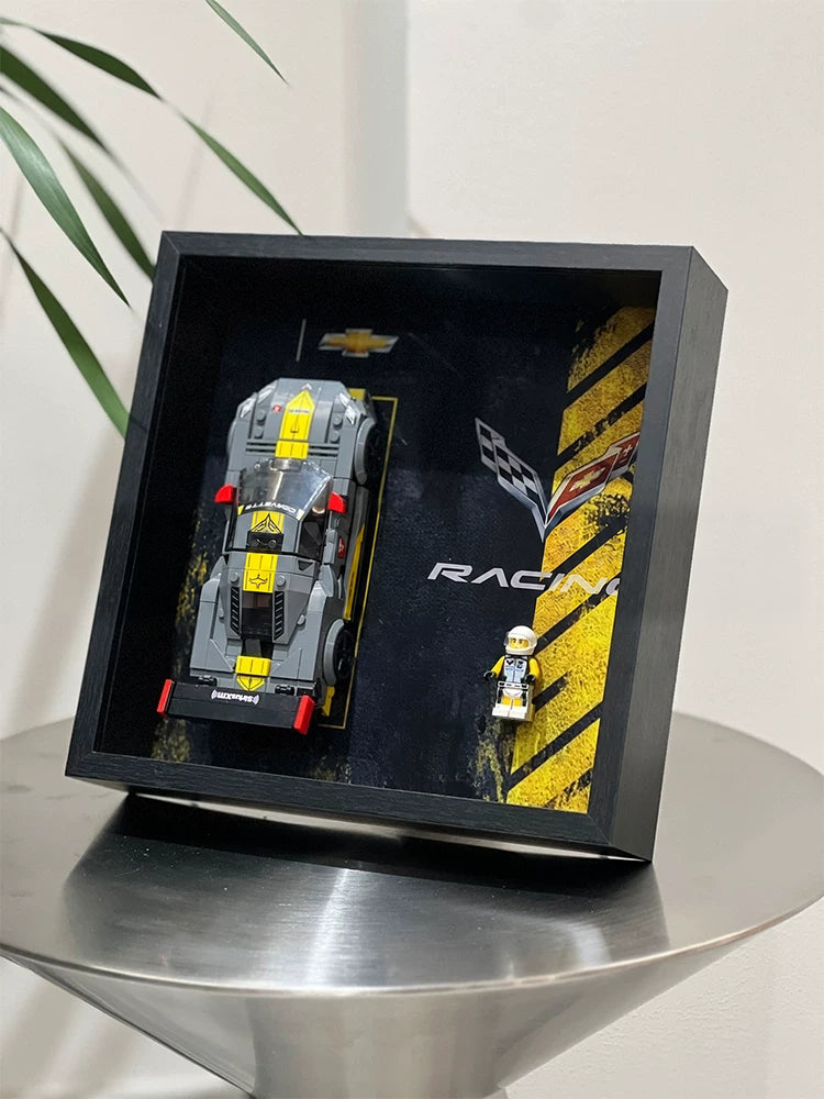 Single-car display frame compatible with LEGO 76903 - Chevrolet Corvette C8.R. Car and minifigures not included.