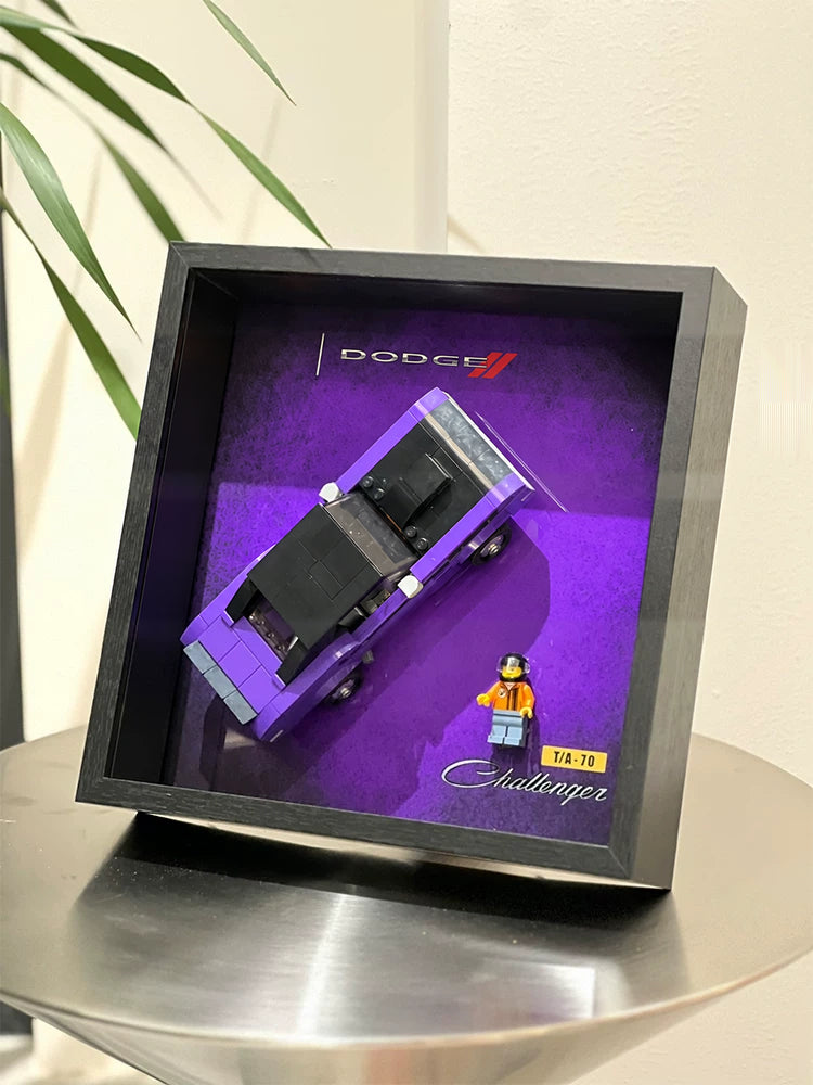 Single-car display frame compatible with LEGO 76904 - 1970 Dodge Challenger T/A. Car and minifigures not included.