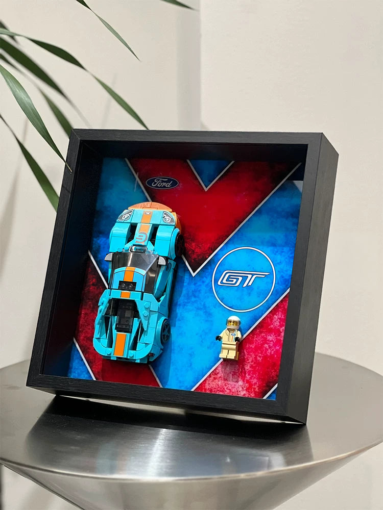 Single-car display frame compatible with LEGO 76905 - Ford GT Heritage Edition. Car and minifigures not included.