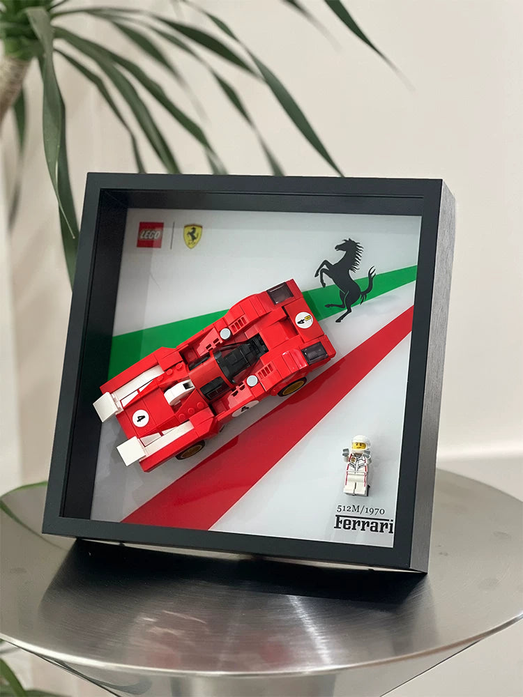 Single-car display frame compatible with LEGO 76906 - 1970 Ferrari 512 M. Car and minifigures not included.