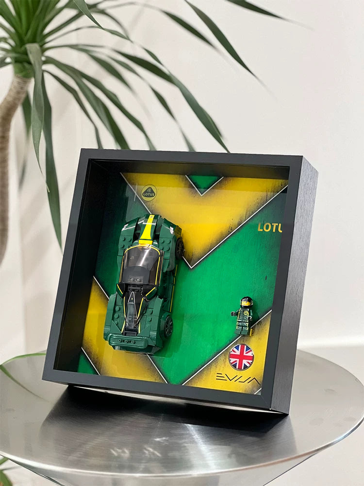 Single-car display frame compatible with LEGO 76907 - Lotus Evija. Car and minifigures not included.
