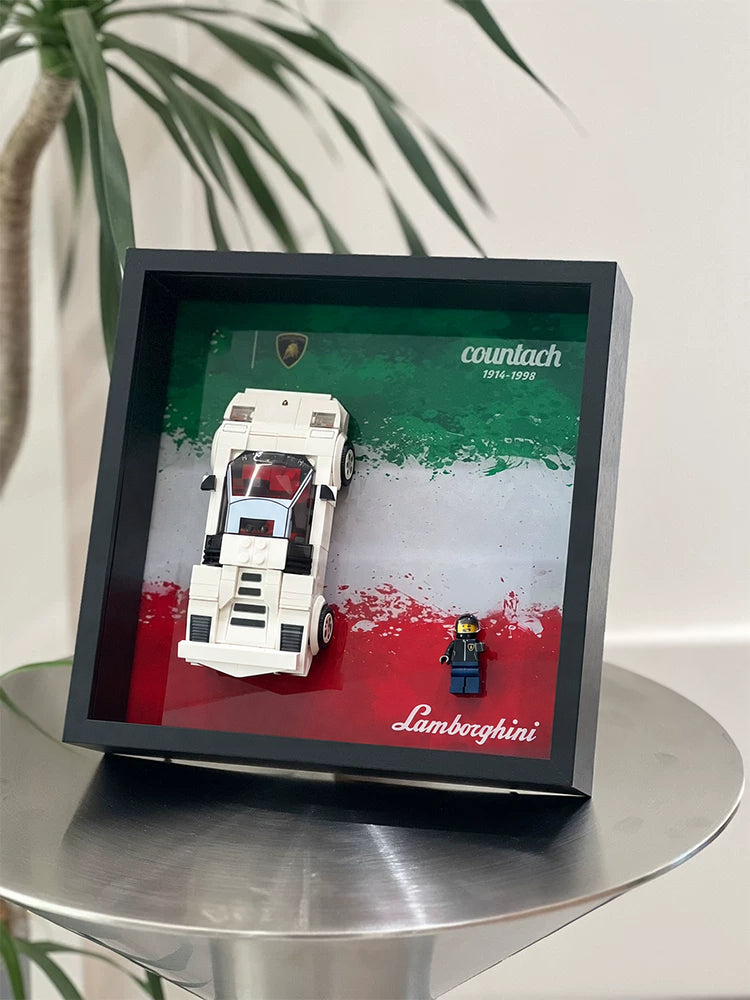 Single-car display frame compatible with LEGO 76908 - Lamborghini Countach. Car and minifigures not included.