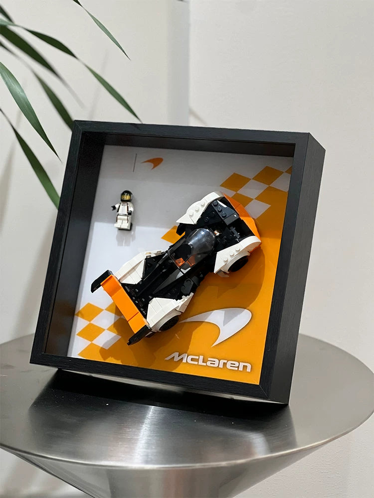 Single-car display frame compatible with LEGO 76918 - McLaren Solus GT. Car and minifigures not included.