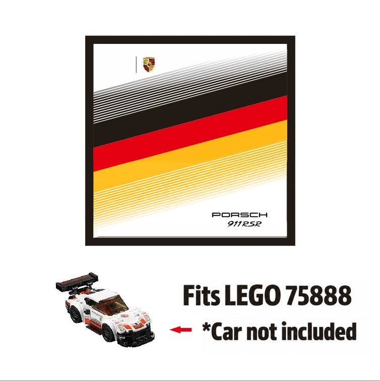 Single-car display frame compatible with LEGO 75888 - Porsche 911 RSR. Car and minifigures not included.