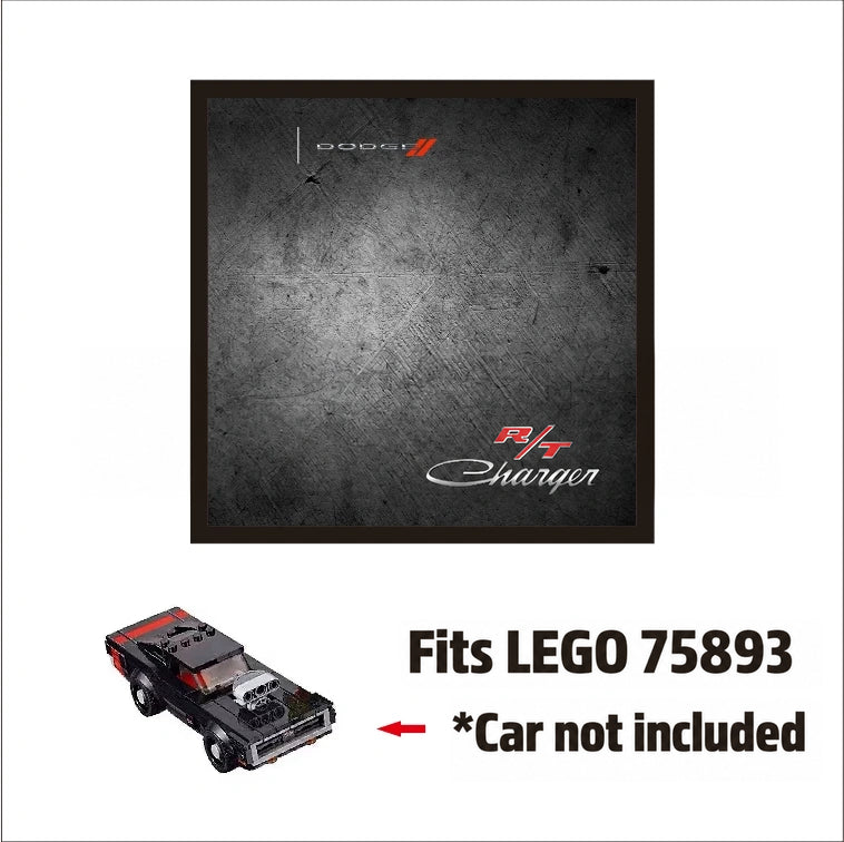 Single-car display frame compatible with LEGO 75893 - 1970 Dodge Charger R/T. Car and minifigures not included.