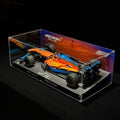Angled acrylic display case for LEGO McLaren Formula 1 Race Car (42141), complete angled case with McLaren model