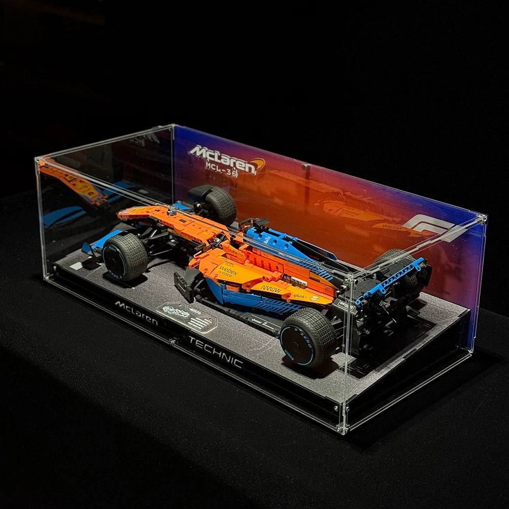 Angled acrylic display case for LEGO McLaren Formula 1 Race Car (42141), complete angled case with McLaren model