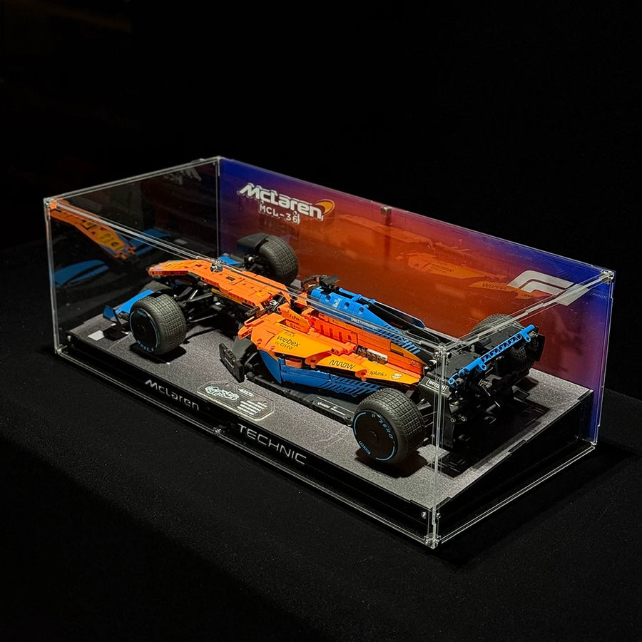 Angled acrylic display case for LEGO McLaren Formula 1 Race Car (42141), complete angled case with McLaren model