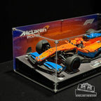 Angled acrylic display case for LEGO McLaren Formula 1 Race Car (42141), angled close view