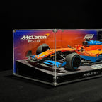 Angled acrylic display case for LEGO McLaren Formula 1 Race Car (42141), alternate close view