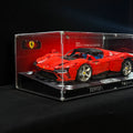 Angled acrylic display case for LEGO Ferrari Daytona SP3 (42143), complete angled front view