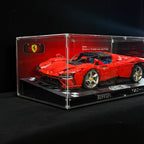 Angled acrylic display case for LEGO Ferrari Daytona SP3 (42143), complete angled front view