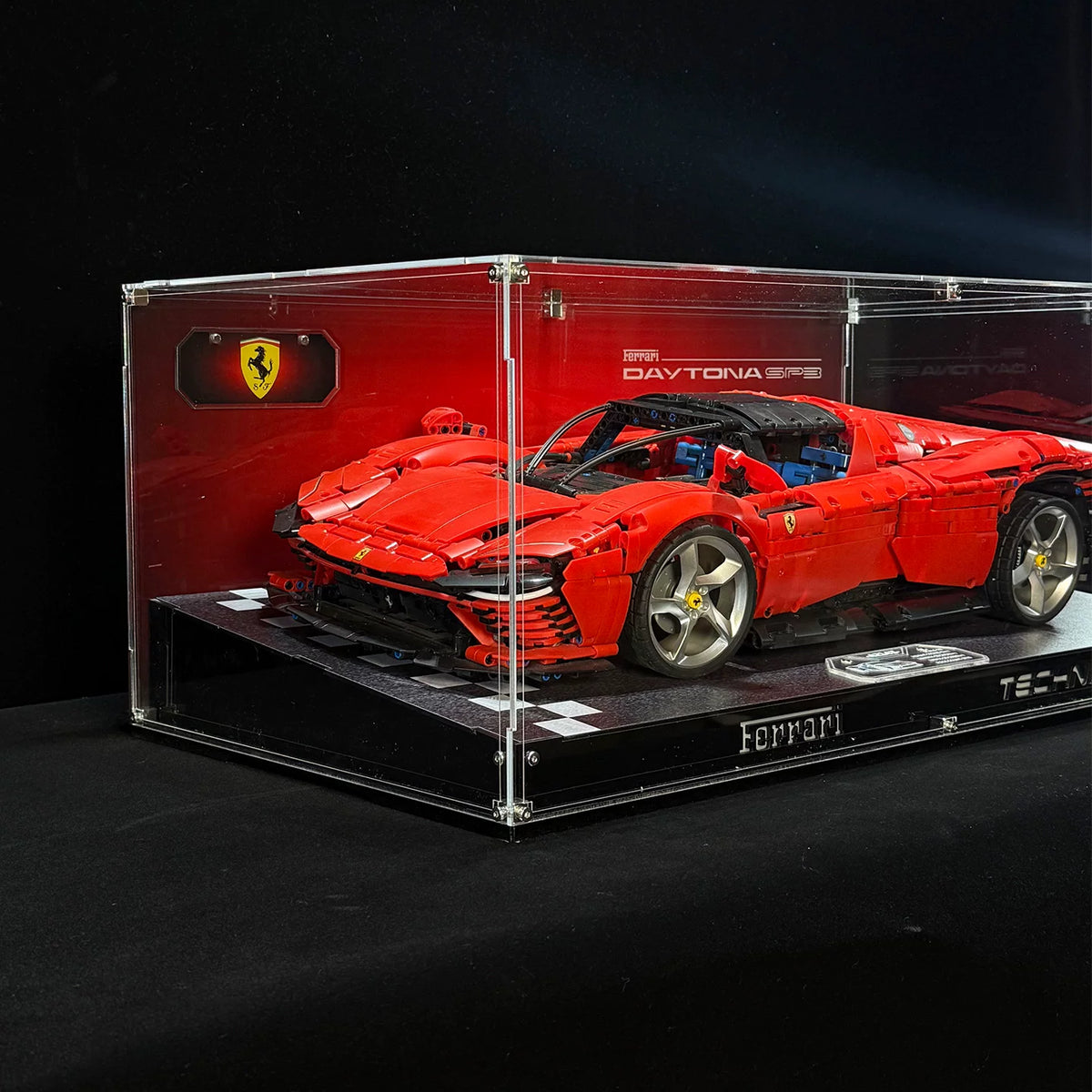 Angled acrylic display case for LEGO Ferrari Daytona SP3 (42143), complete angled front view