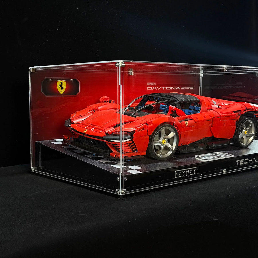 Angled acrylic display case for LEGO Ferrari Daytona SP3 (42143), complete angled front view