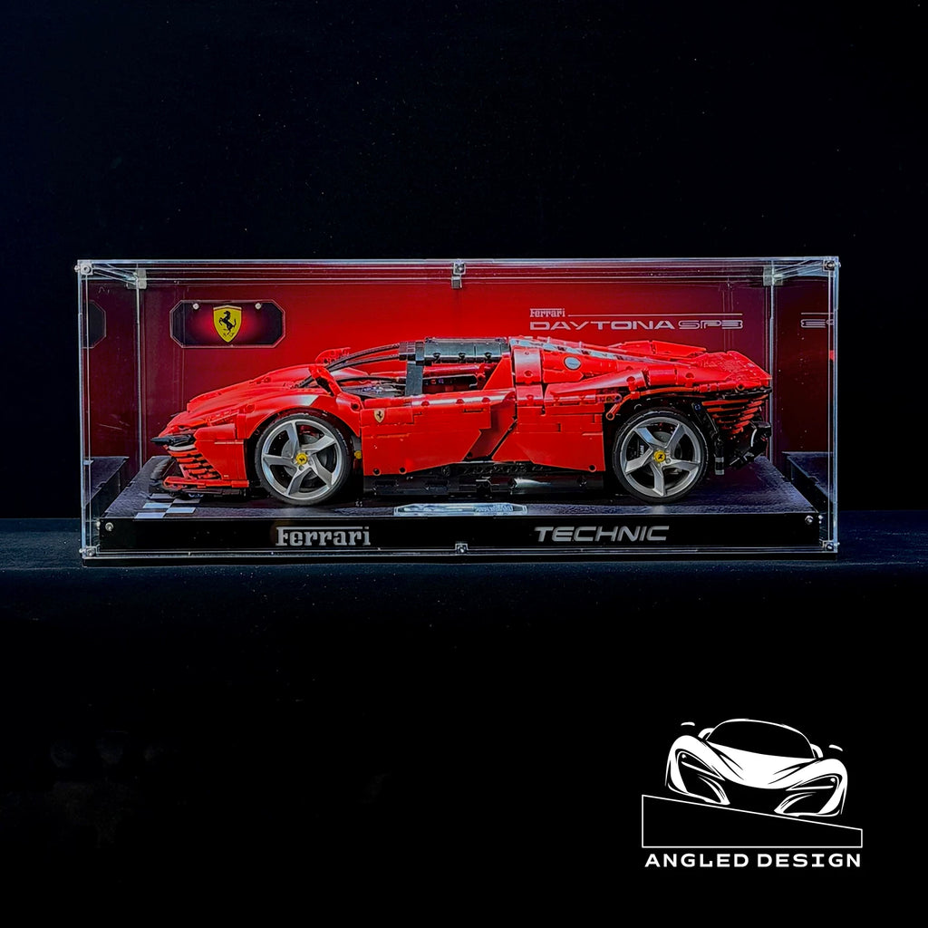 Angled acrylic display case for LEGO Ferrari Daytona SP3 (42143), full side view