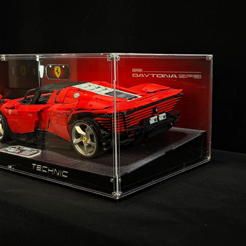 Angled acrylic display case for LEGO Ferrari Daytona SP3 (42143), rear angled view