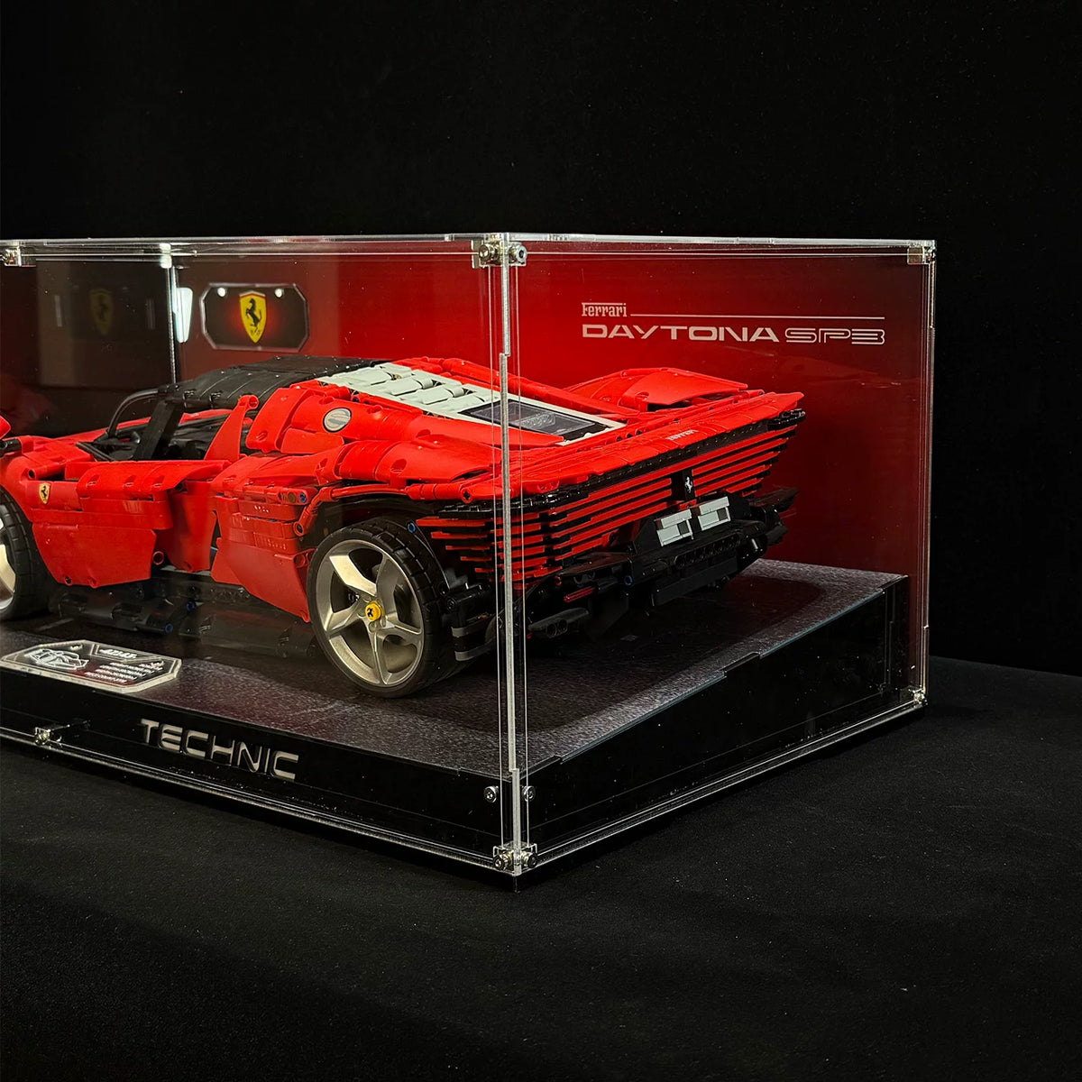 Angled acrylic display case for LEGO Ferrari Daytona SP3 (42143), rear angled view