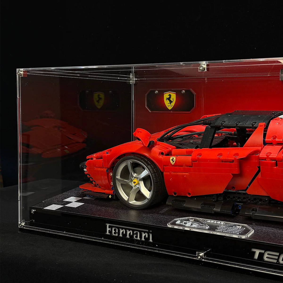 Angled acrylic display case for LEGO Ferrari Daytona SP3 (42143), front and side close-up