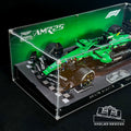 Angled acrylic display case for LEGO Aston Martin AMR25 (42240), complete front angled view