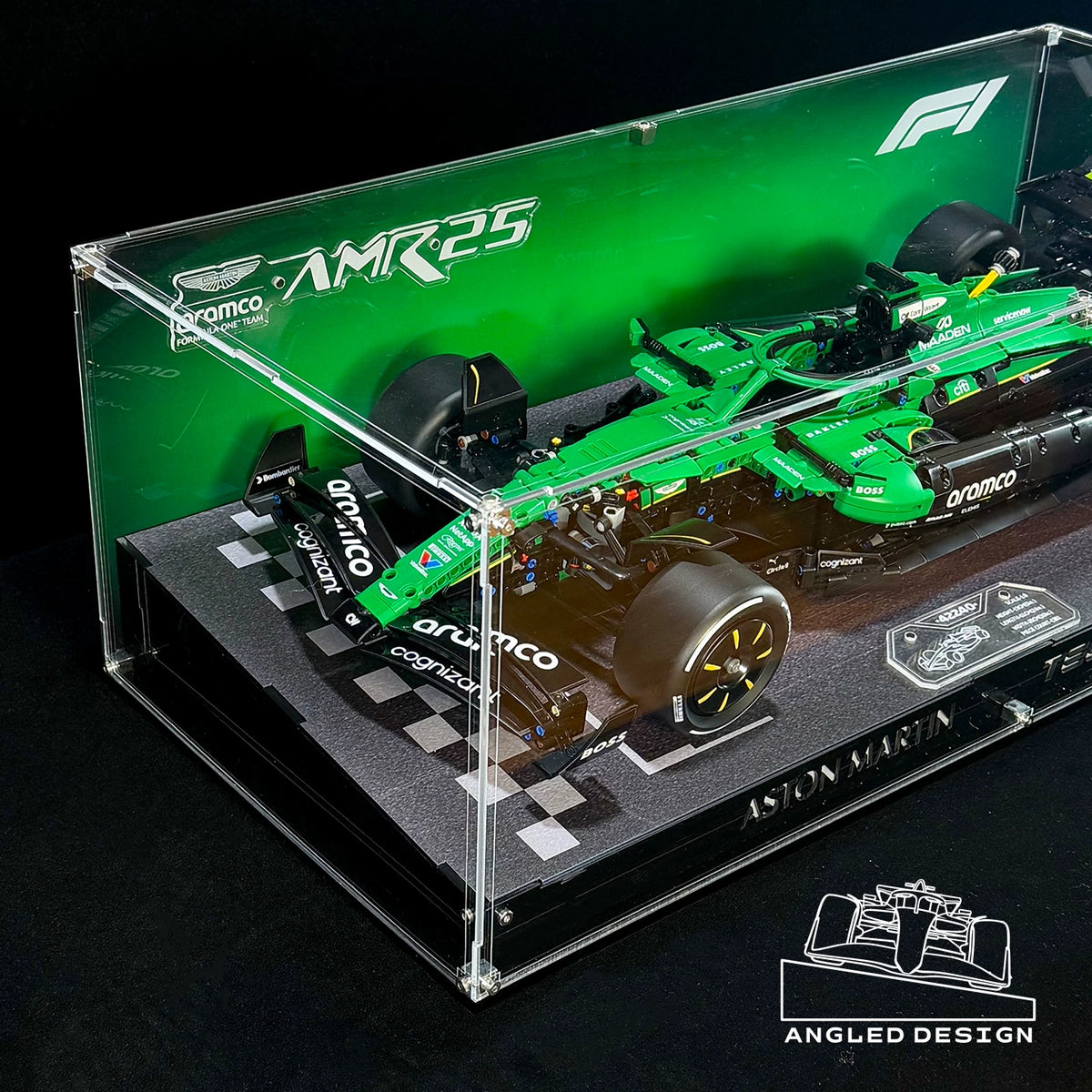 Angled acrylic display case for LEGO Aston Martin AMR25 (42240), complete front angled view
