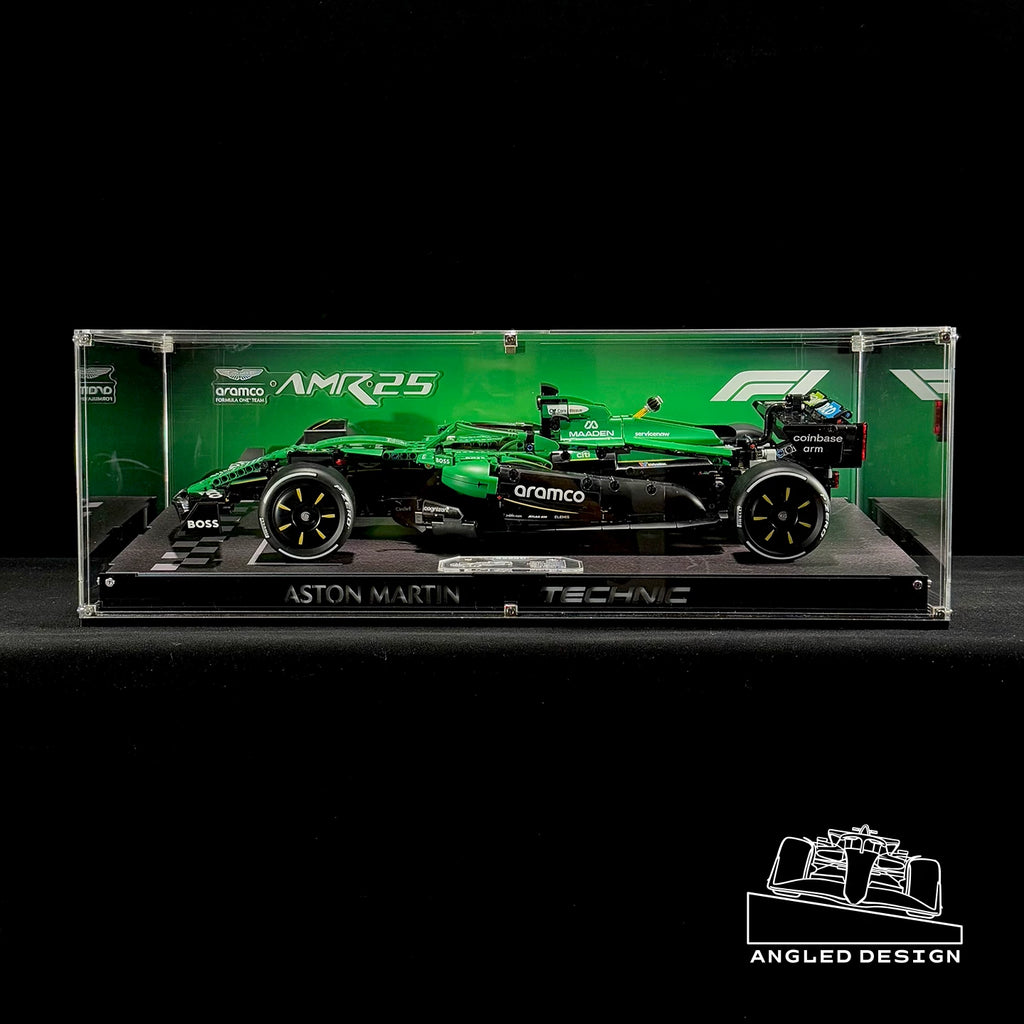 Angled acrylic display case for LEGO Aston Martin AMR25 (42240), complete side view