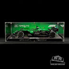 Angled acrylic display case for LEGO Aston Martin AMR25 (42240), complete side view