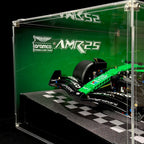 Angled acrylic display case for LEGO Aston Martin AMR25 (42240), front and backdrop detail