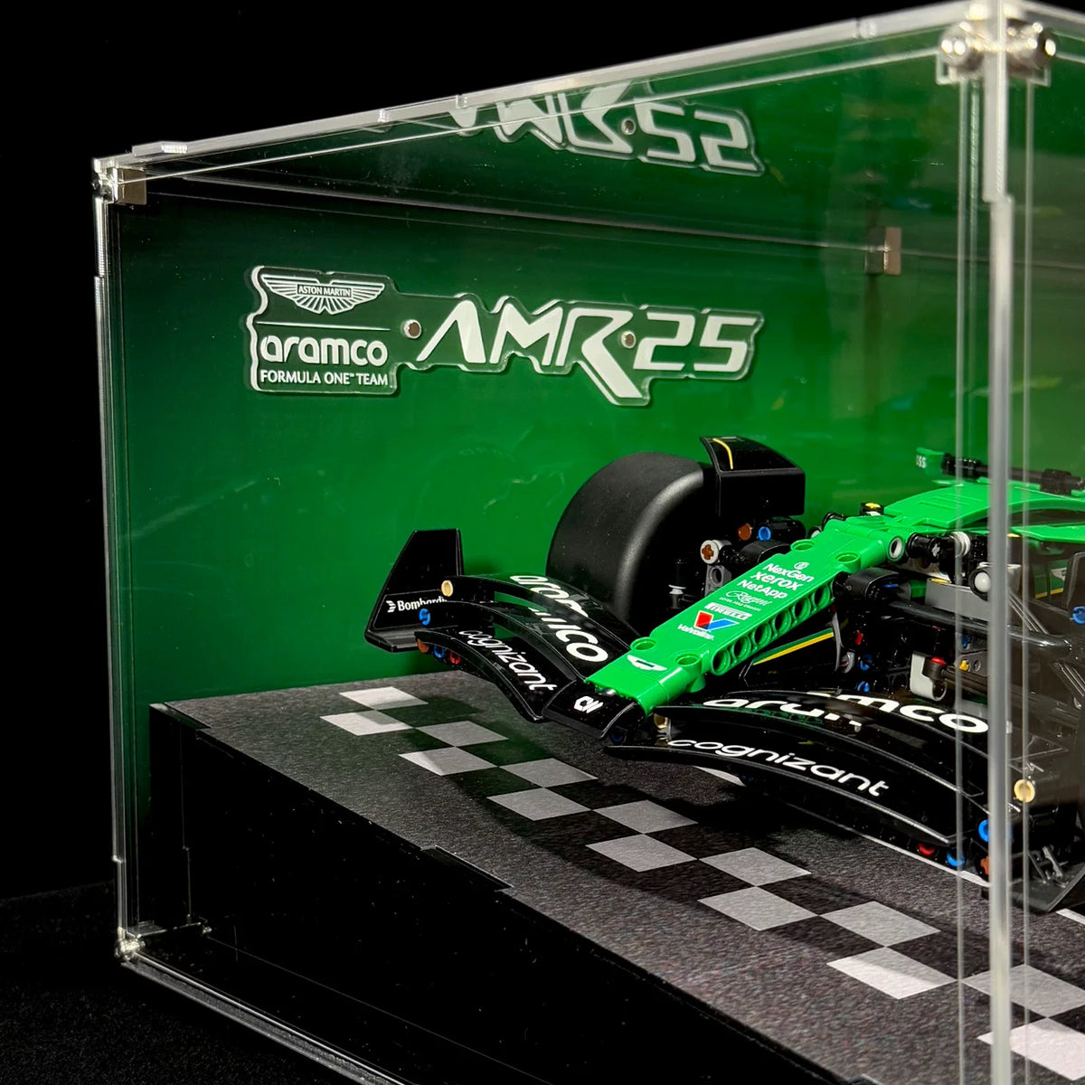 Angled acrylic display case for LEGO Aston Martin AMR25 (42240), front and backdrop detail