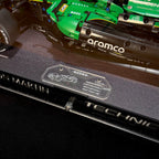 Angled acrylic display case for LEGO Aston Martin AMR25 (42240), model plaque and base detail