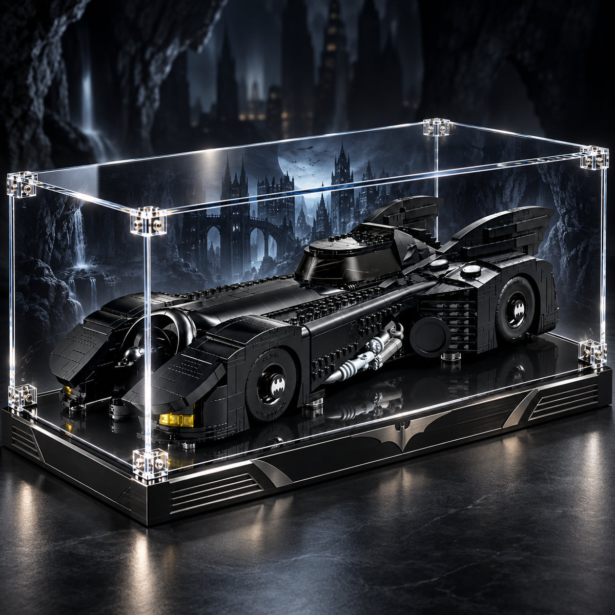 Display case with lighting for LEGO Batman Returns Batmobile 76355