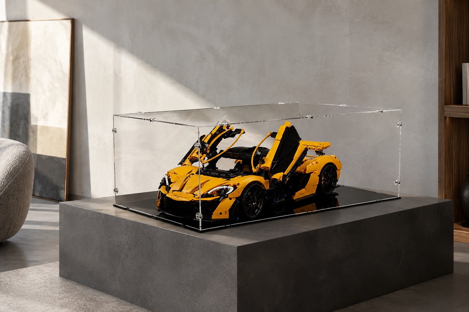 AI concept of a McLaren P1 display case on a graphite plinth in a quiet interior