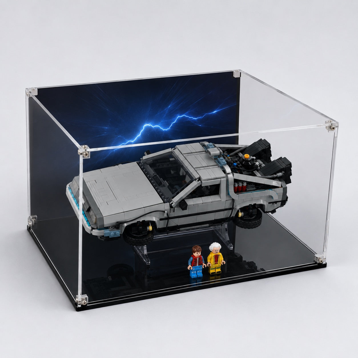 AI concept of a Time Machine model in a case with an electric-blue background