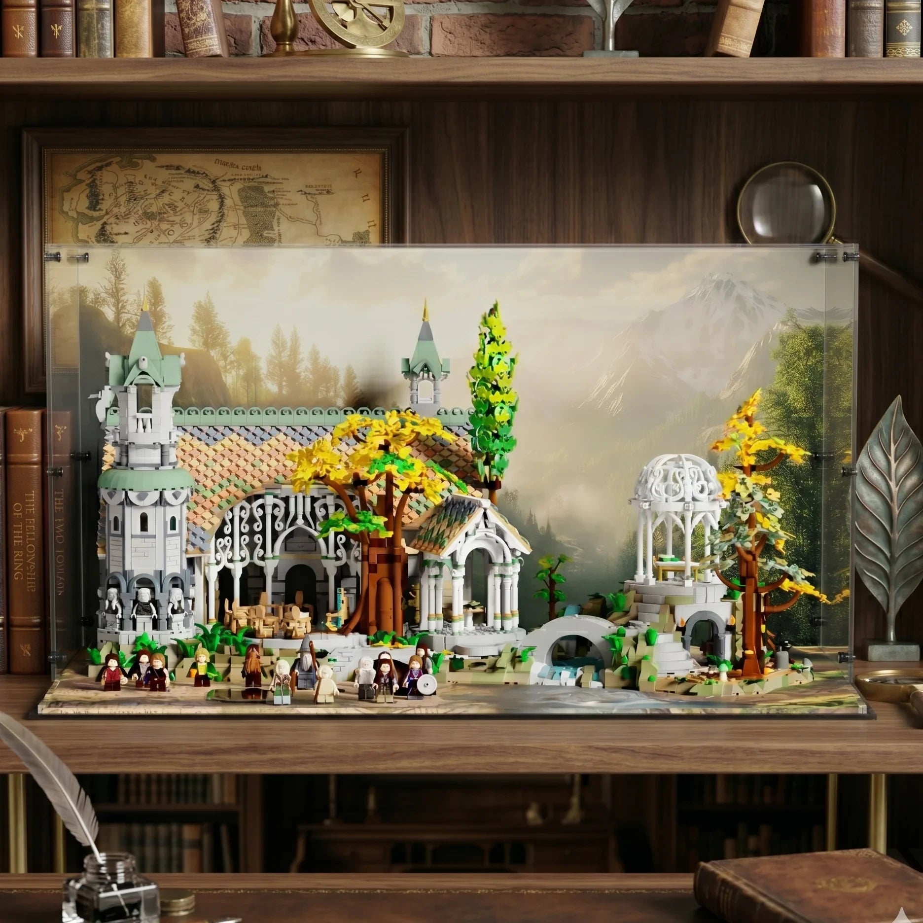 Fantasy architecture model displayed in a scenic acrylic case